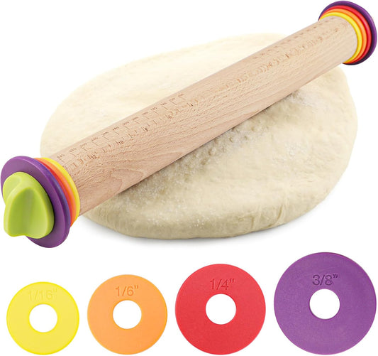 17Inch Wooden Rolling Pin, Rolling Pin with 4 Adjustable Thickness Ring, Graduated Rolling Pin for Baking, Fondant, Pizza, Crust, Cookies, Pastry