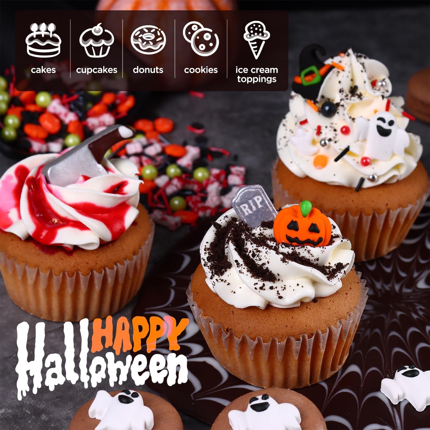 Edible Halloween Cake Decorations, Pumpkin Cupcake Toppers, Ghost Cake Decorations, Edible Knives Cupcake Toppers, Witch Hats for Cake Decorating, Cookies, Cupcakes, Macaron, and Ice Cream