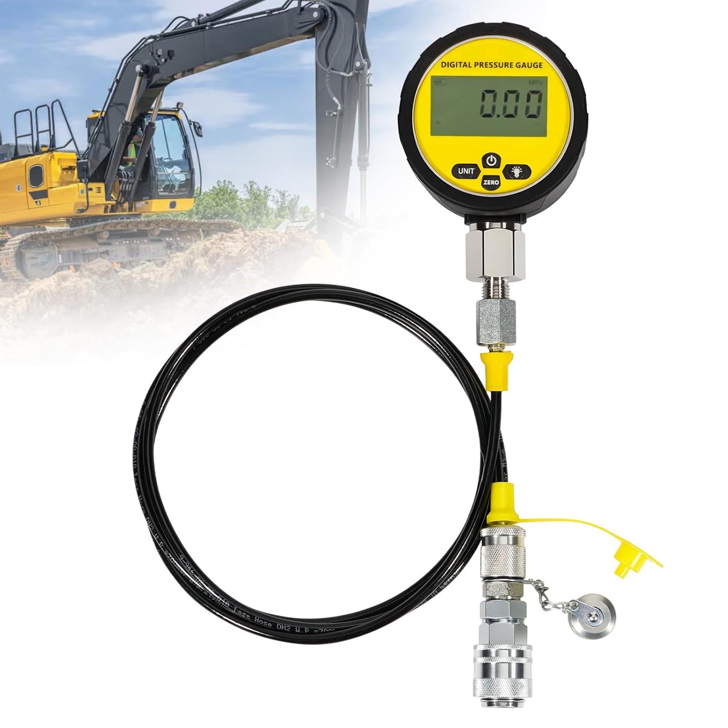 10000PSI Hydraulic Pressure Test Kit, 700BAR/70MPa Manometer Digital Pressure Gauge, Fit for USA Brand Excavator with 1*Gauge/1*Hose with M16*2 & G1/4 Female /2*Couplings/1*Silicone Protector