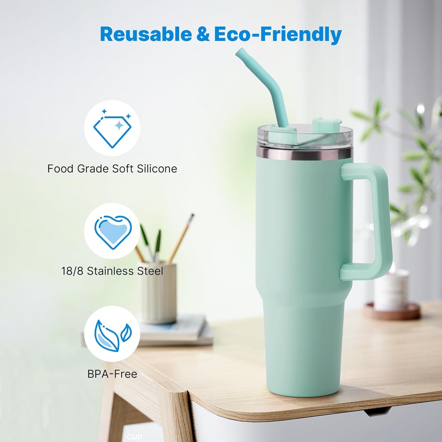 2 Pcs Stainless Steel Straws for 40 oz Stanley Tumbler, Replacement 40 oz Stanley Cup Straw Accessories with Silicone Tips and Cleaning Brush (Light Green)