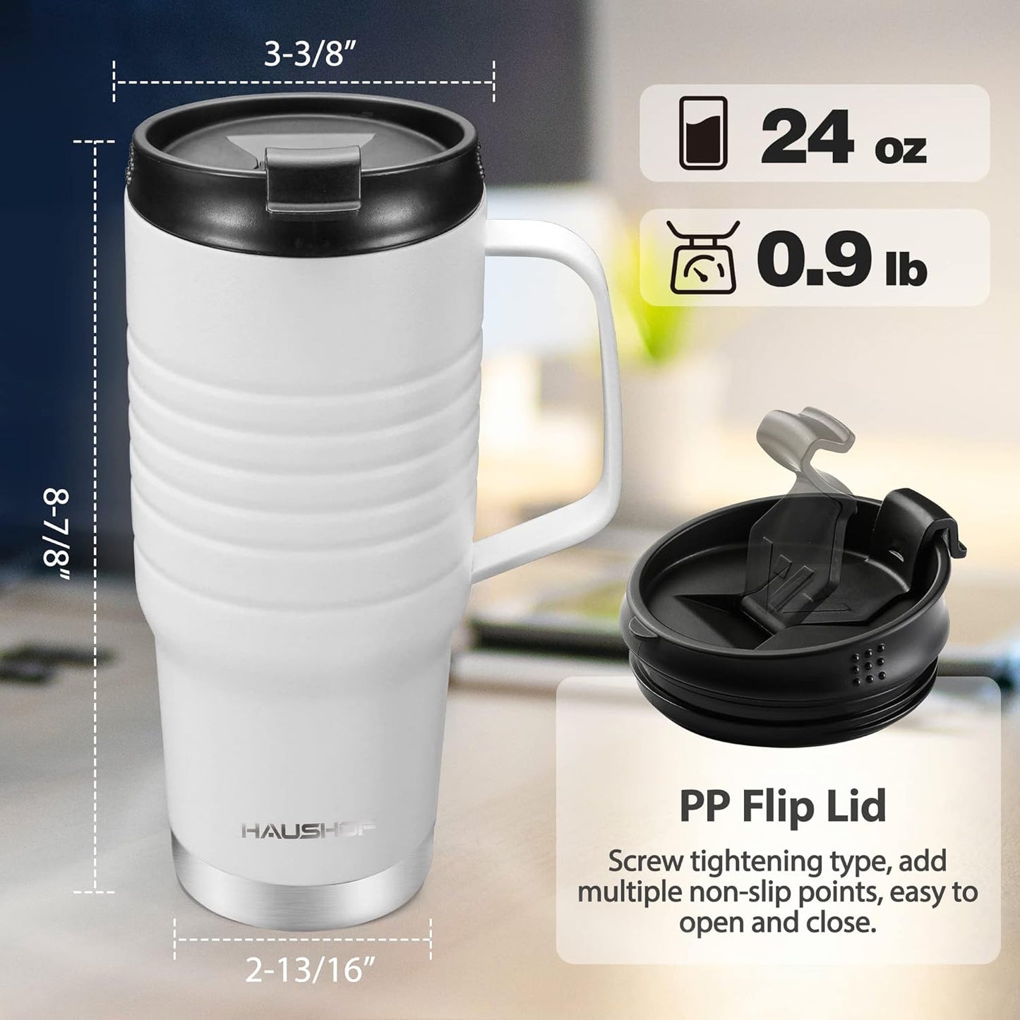 HAUSHOF 24 oz Travel Mug with Handle, Stainless Steel Vacuum Insulated Coffee Mug, Double Wall Travel Mugs with Leakproof Lid, BPA Free