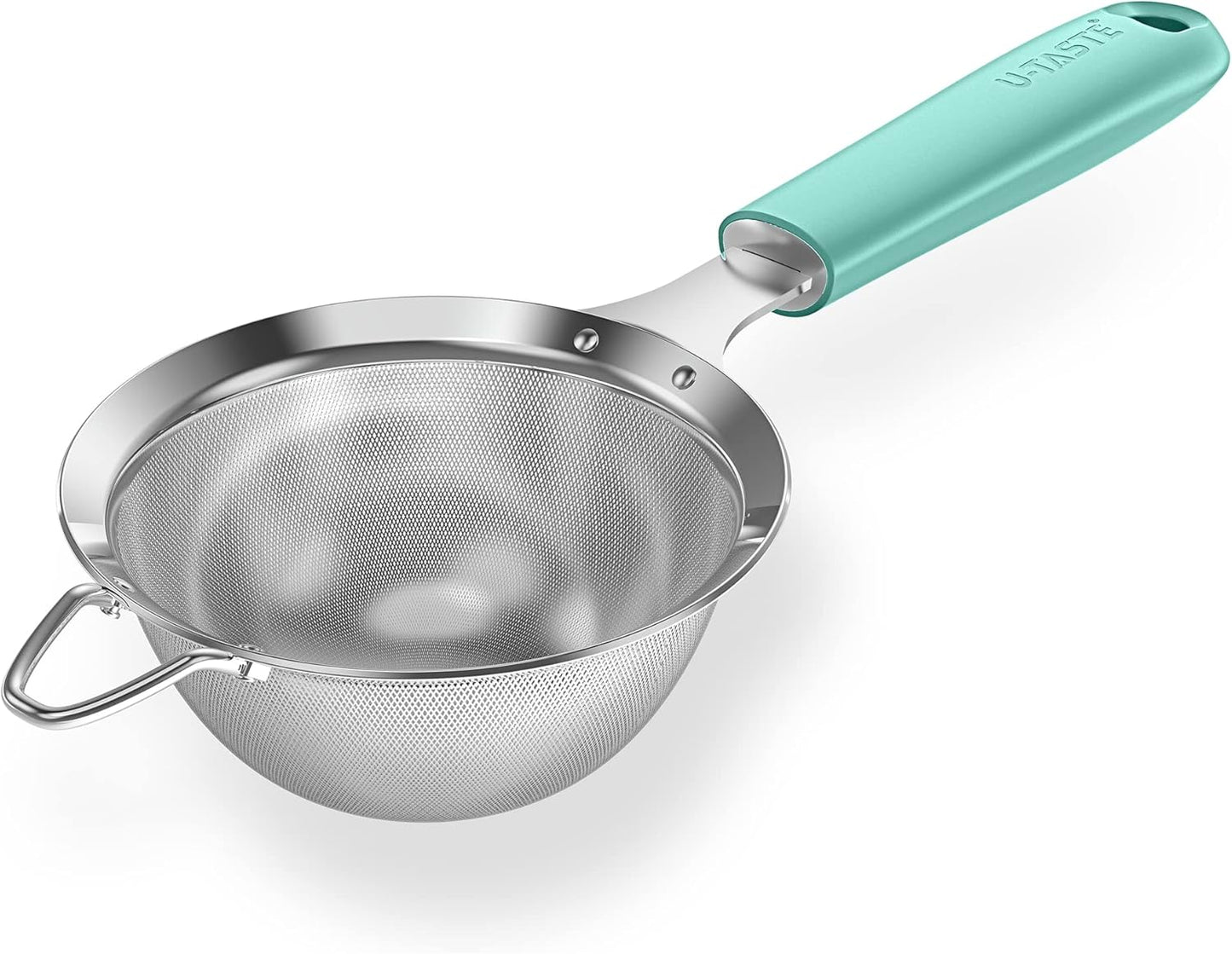 18/8 Stainless Steel Mesh Strainer: U-Taste 3.9 Inch Kitchen Fine Mesh Sieve Food Colander with Riveted Sturdy Silicone Handle and 30 Mesh Hole for Straining Flour, Quinoa, Tea, Juice (Aqua Sky)