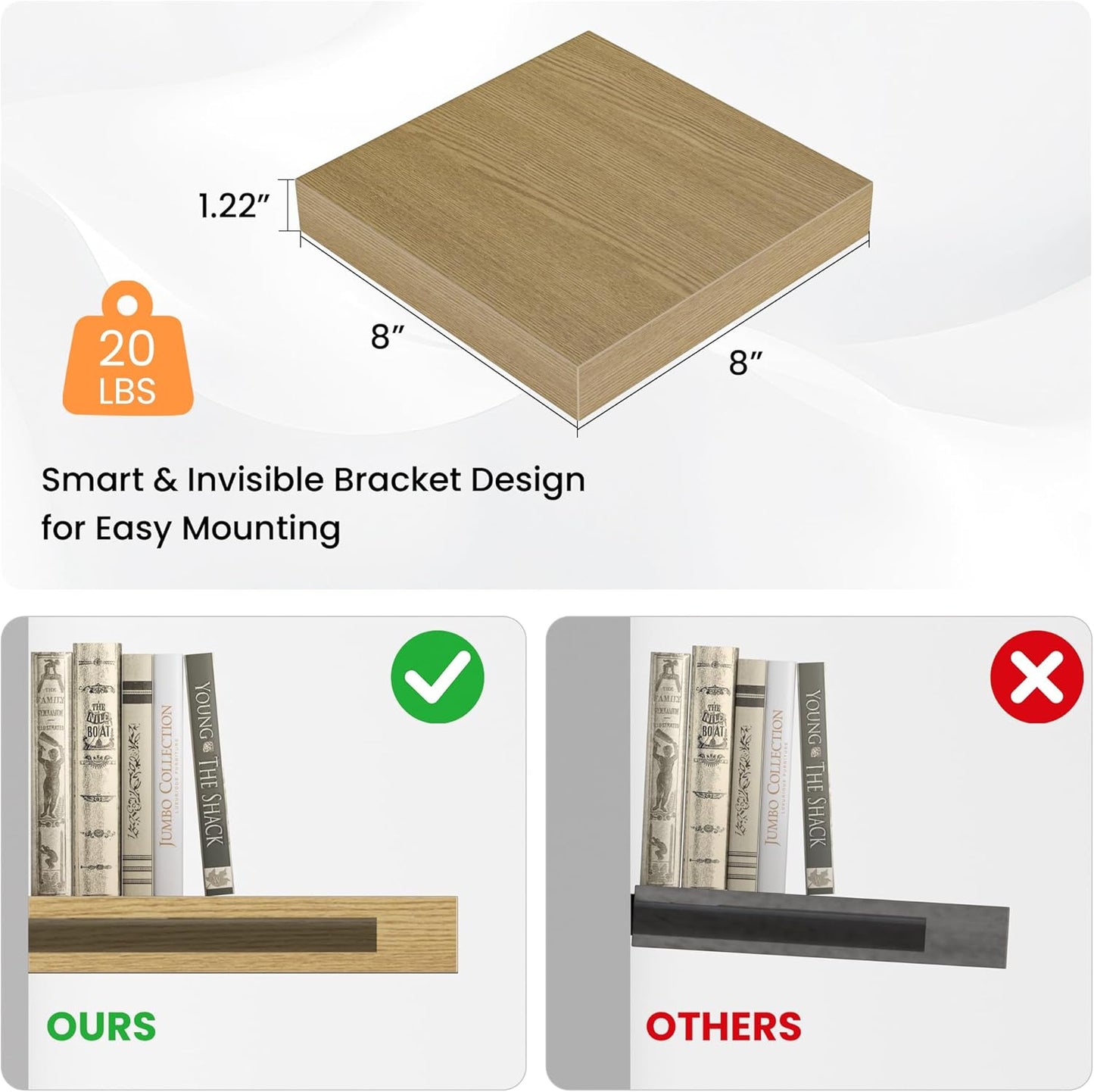 Square Floating Shelves for Wall, 8" W x 8" D x 1.2" H, Small Wooden Wall Mounted Display Shelves with Invisible Brackets for Living Room, Bedroom, Bathroom, Kitchen Decor, Set of 4, Oak