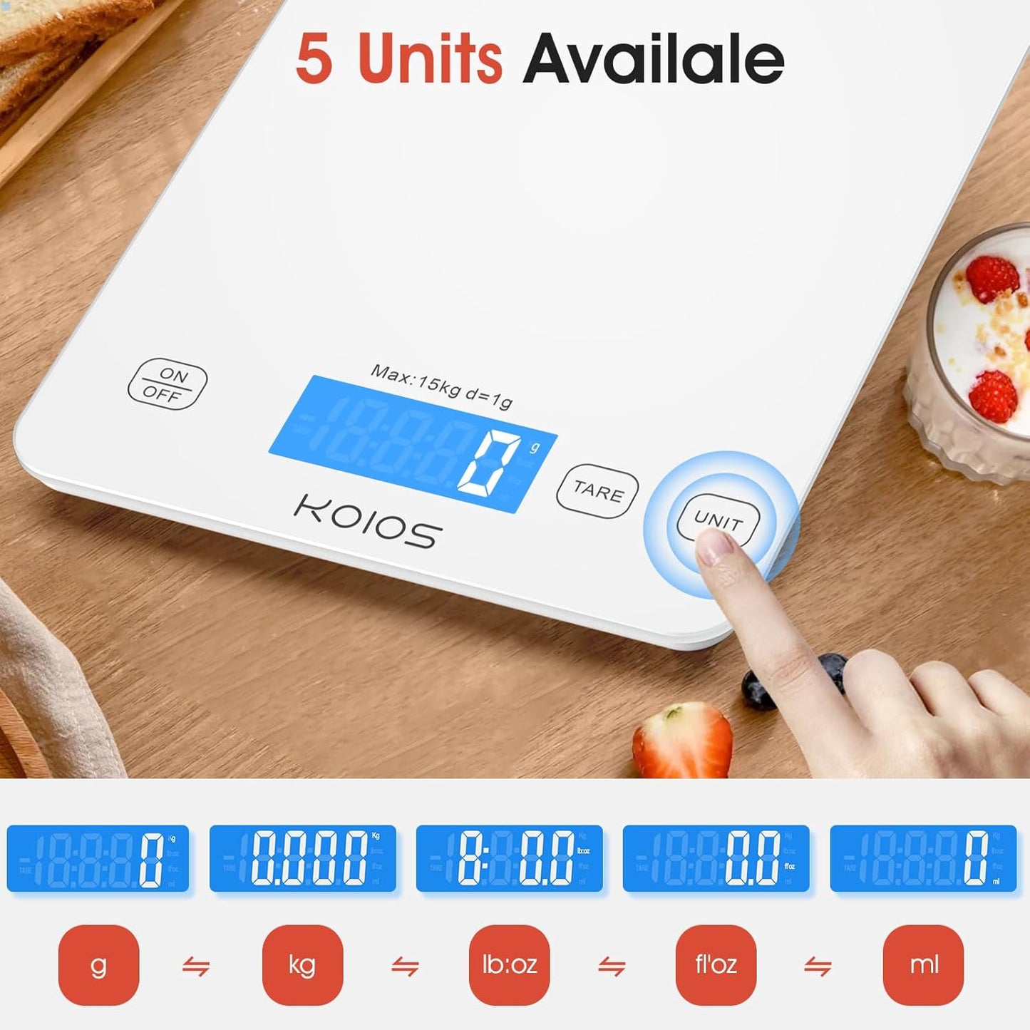 KOIOS Kitchen Scale, 33lb/15kg Digital Food Scales Weight in Grams and Ounces for Cooking Baking, 1g/0.1oz Precise Graduation, Batteries and Type-C Charging, Tare Function, LCD Display, White