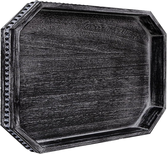 Decorative Coffee Table Serving Tray, Long Octagonal Black Wood Tray with Wooden Bead, Farmhouse Big for Ottoman Table, Countertop, Home Decor, 16.5"x13"x1.6" (Retro Black)