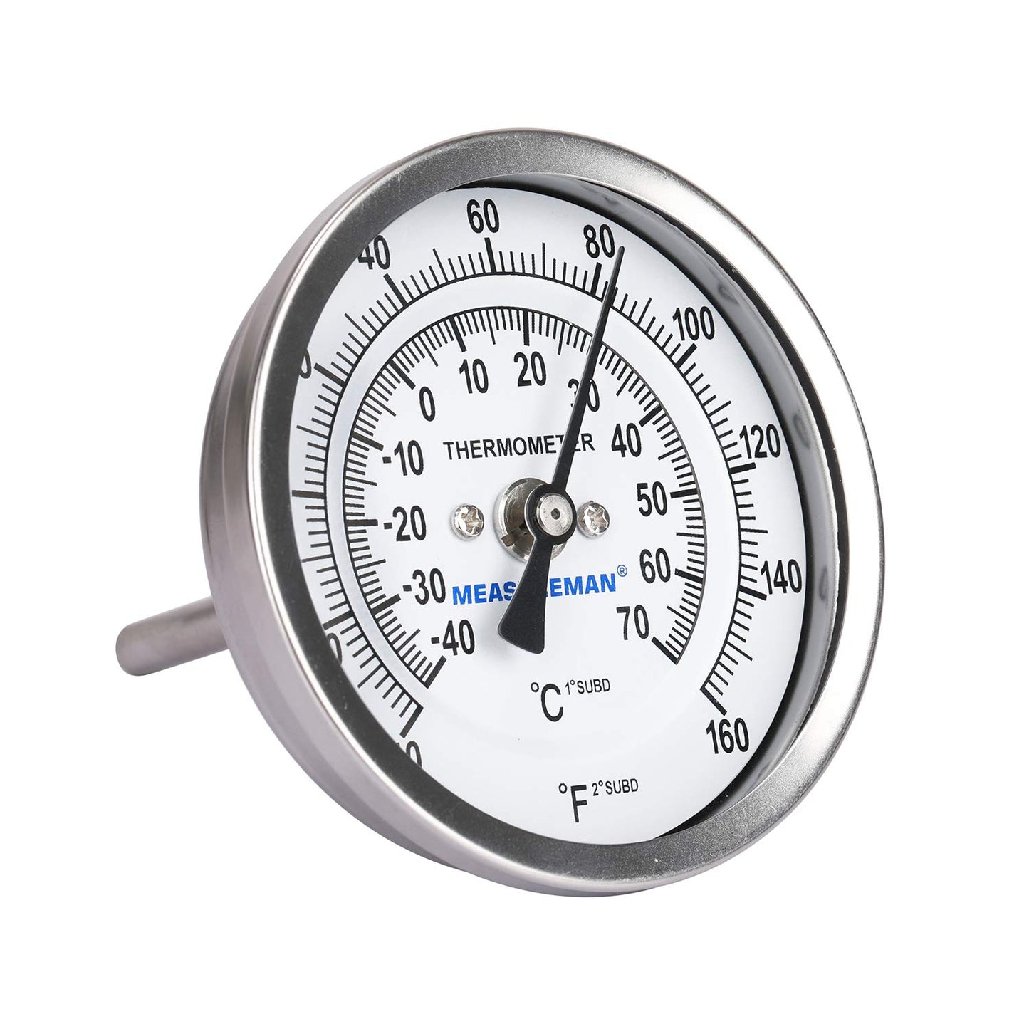 MEASUREMAN Fully Stainless Steel Pot, Kettle, Brewing Bimetal Dial Thermometer, 3" Dial, 2-1/2" Stem, -40-160 deg F/-40-70 deg C, -1% Accuracy, Adjustable, 1/2" NPT Back Mount