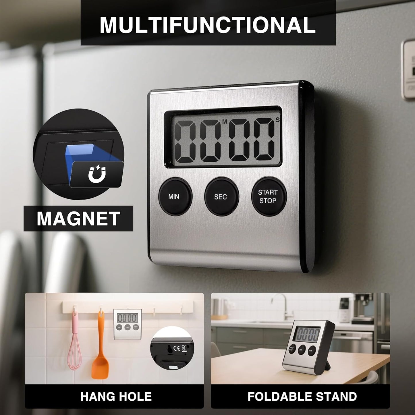 Digital Kitchen Timers for Cooking Strong Magnetic Stainless Steel Countdown Timer for Baking Exercise Office Classroom-2PACK