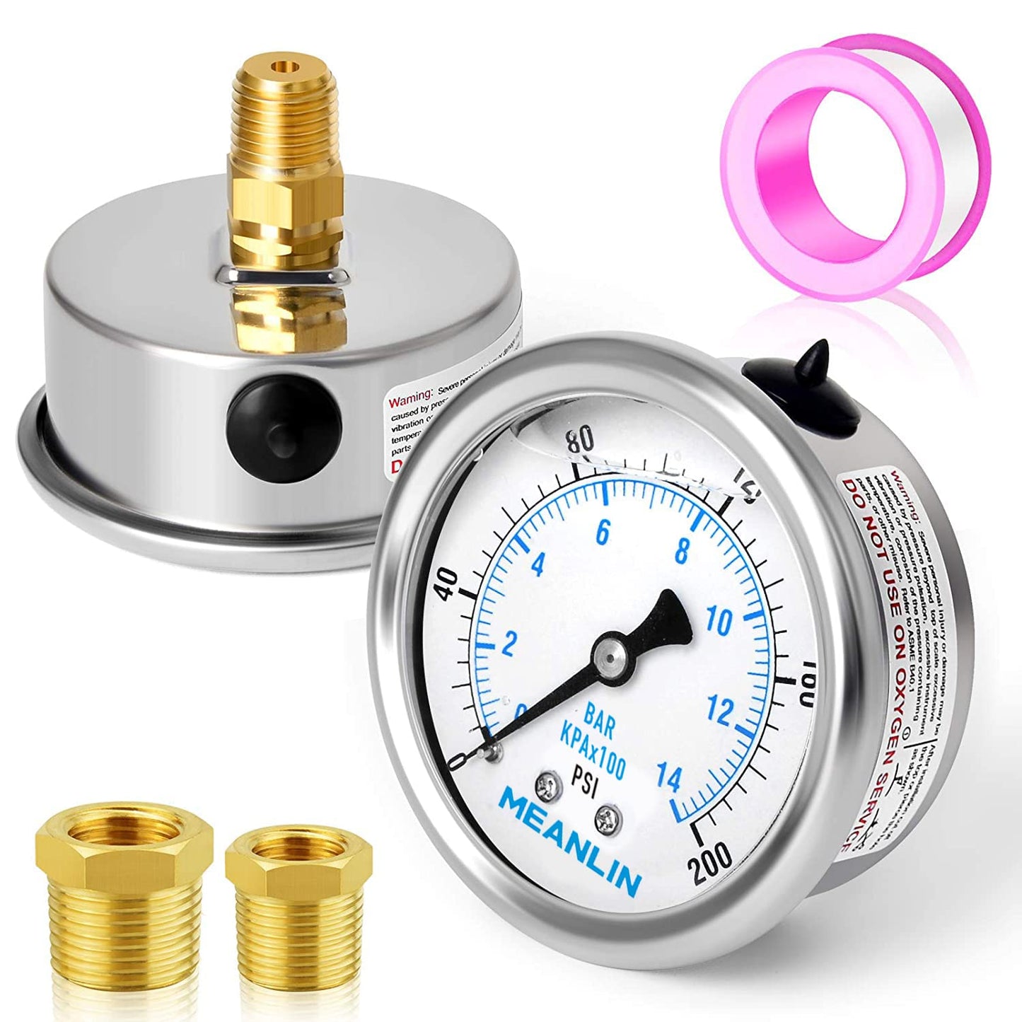 MEANLIN MEASURE 0~200Psi Stainless Steel 1/4" NPT 2.5" FACE DIAL Liquid Filled Pressure Gauge WOG Water Oil Air Center Back Mount, with 1/2" NPT and 3/8" NPT Hex Bushing