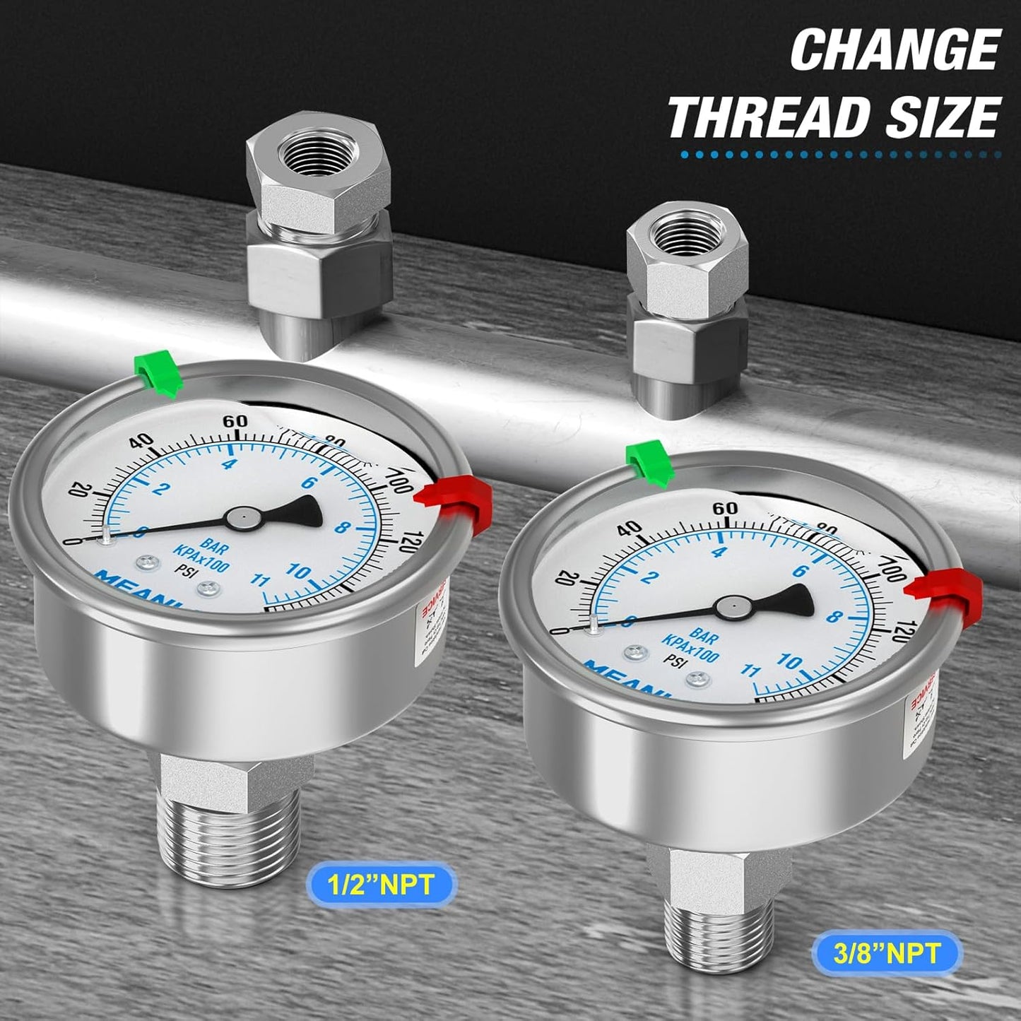 MEANLIN MEASURE 0~160Psi Stainless Steel Liquid Filled Pressure Gauge 2.5"FACE DIAL 1/4"NPT for Air Compressor RV Regulator Water Pressure Tester Back Mount with Stainless Steel Hex Bushing and Snaps