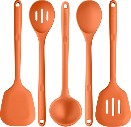 Silicone Kitchen Cooking Utensil Set: U-Taste 600ºF Heat Resistant 13.6in Extra Long Kitchen Tools, Food-Grade Non-Stick Spatula Turner Spoon Ladle for Stir Frying, Serving, Mixing (5 Pieces, Orange)