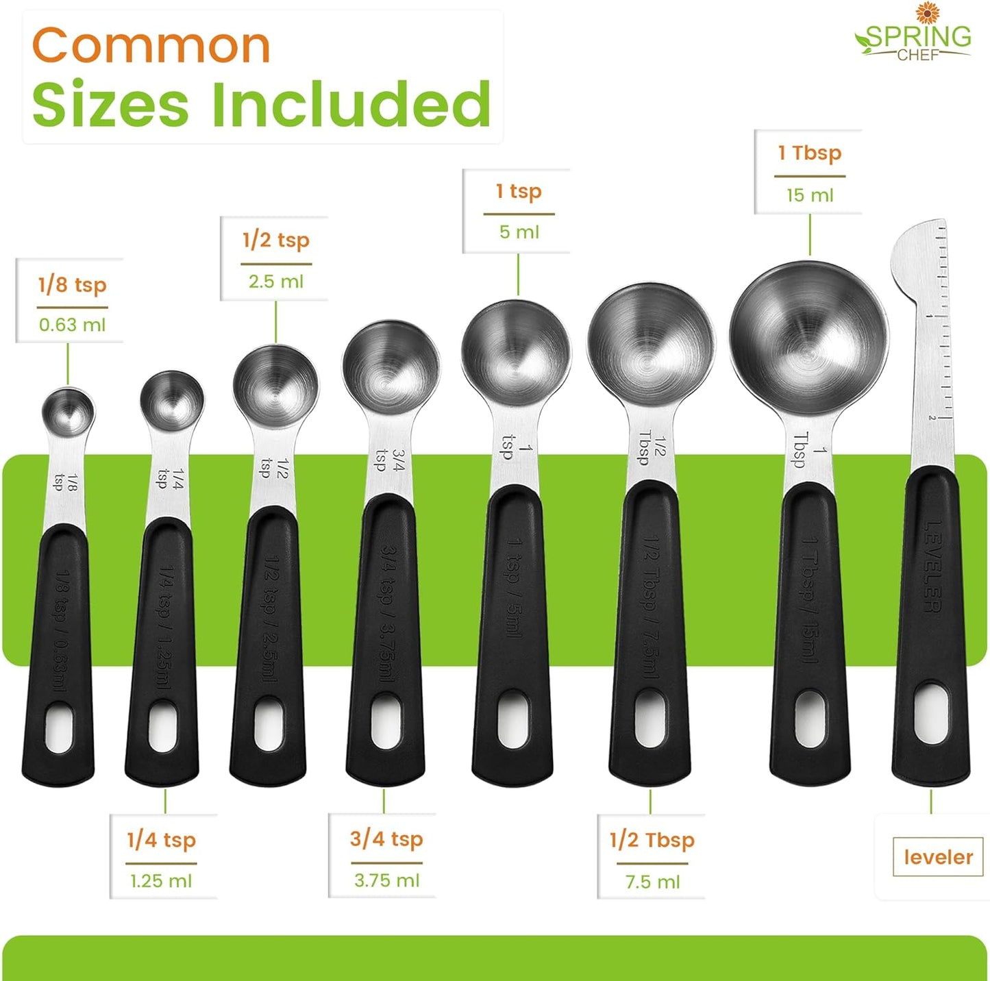 Spring Chef Stainless Steel Magnetic Measuring Spoons Set of 8 with Leveler, Round Metal Teaspoon & Tablespoon Measuring Spoons - Kitchen Gadgets For Baking and Cooking