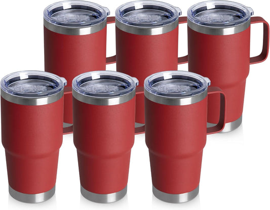HASLE OUTFITTERS 20oz Tumbler Bulk with Lid, Stainless Steel Tumbler Bulk with Handle, Metal Insulated Travel Coffee Mug Set with Handle, Double Wall Vacuum Leak Proof Tumbler Cup, Red 6 Pack