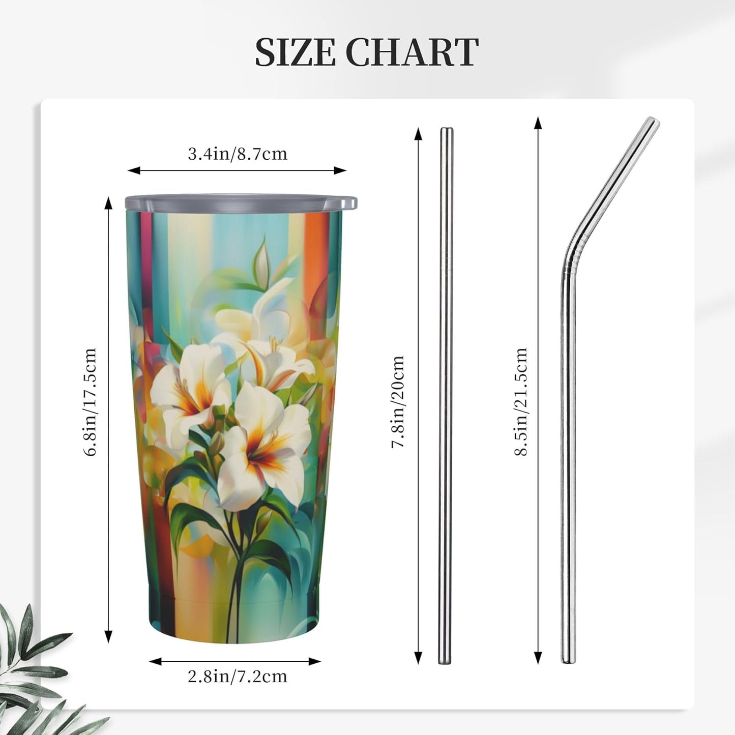 Floral Tumbler with Lid and Straw 20oz Coffee Tumblers Leakproof Stainless Steel Travel Mug Vacuum Insulated Cup for Iced and Hot