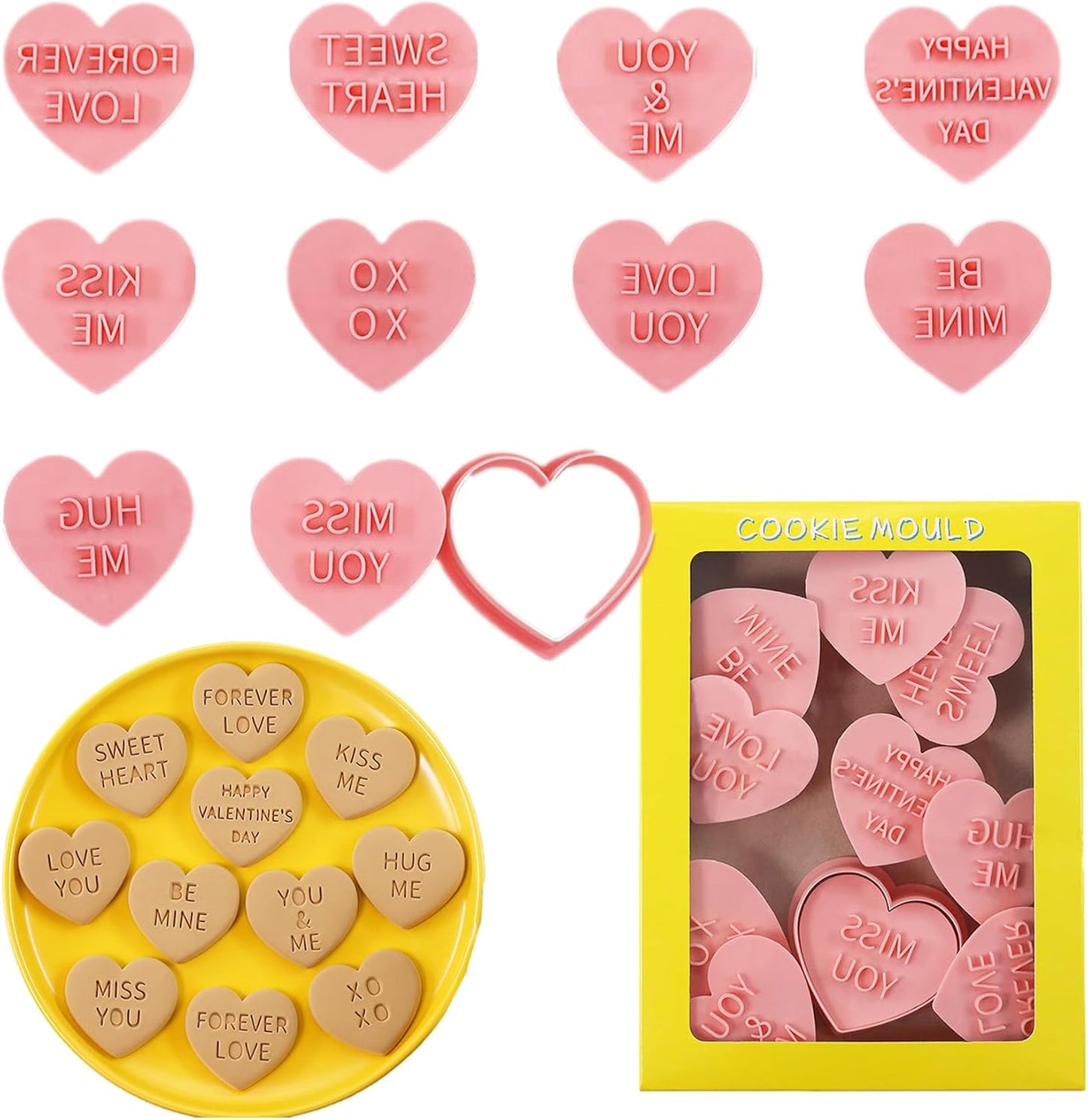 Heart Cookie Cutter Set, 10 Pcs 3D Pressable Biscuit Cutter and Stamps, Valentine's Day Cookie Molds Wedding Party DIY Cake Decorating Kit (B10)
