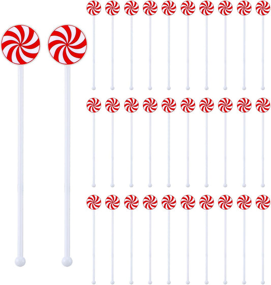 30 Pcs Christmas Drink Stirrers Xmas Stir Stick Holiday Coffee Swizzle Stick Reusable Plastic Hot Cocoa Bar Chocolate Decoration Cocktail Mixer(Lollipop,Charming Color)