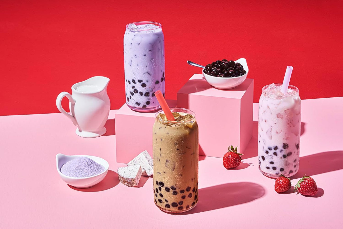 Boba Bundle Kit 10 Serv. Instant Bubble Pearl Variety Milk Tea Kit with Authentic Brown Sugar Tapioca Pearls by Yulu Foods - Ready in Under 1 Minute, Includes Paper Straws - Gift Box, Holiday (Classic, Taro and Strawberry)