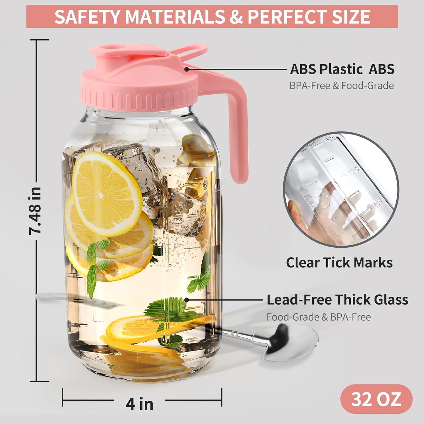 32oz Glass Pitcher with Lid &Pour Spout - 1 Quart Breastmilk Pitcher Double Leak Proof, Creamer Container for Sun Tea, Juice, Cold Brew Coffee, Breastmilk Storage Container -Pink Lid