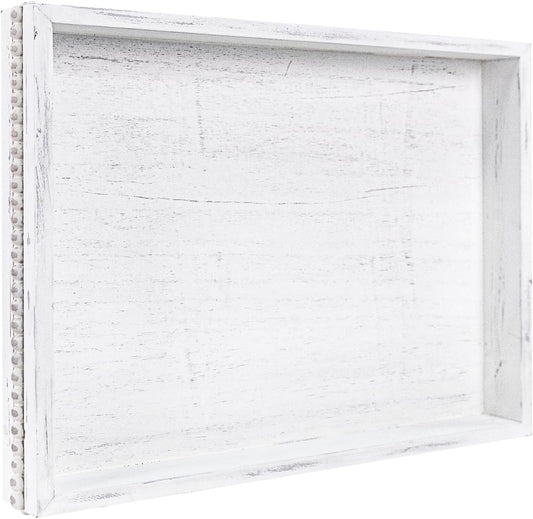 MAONAME Wood Serving Tray, Farmhouse Wooden Tray for Coffee Table, Rustic Rectangle Trays with Beads, Vintage White Decorative Trays for Living Room, Kitchen, 15.7" X 11.8" X 1.57"