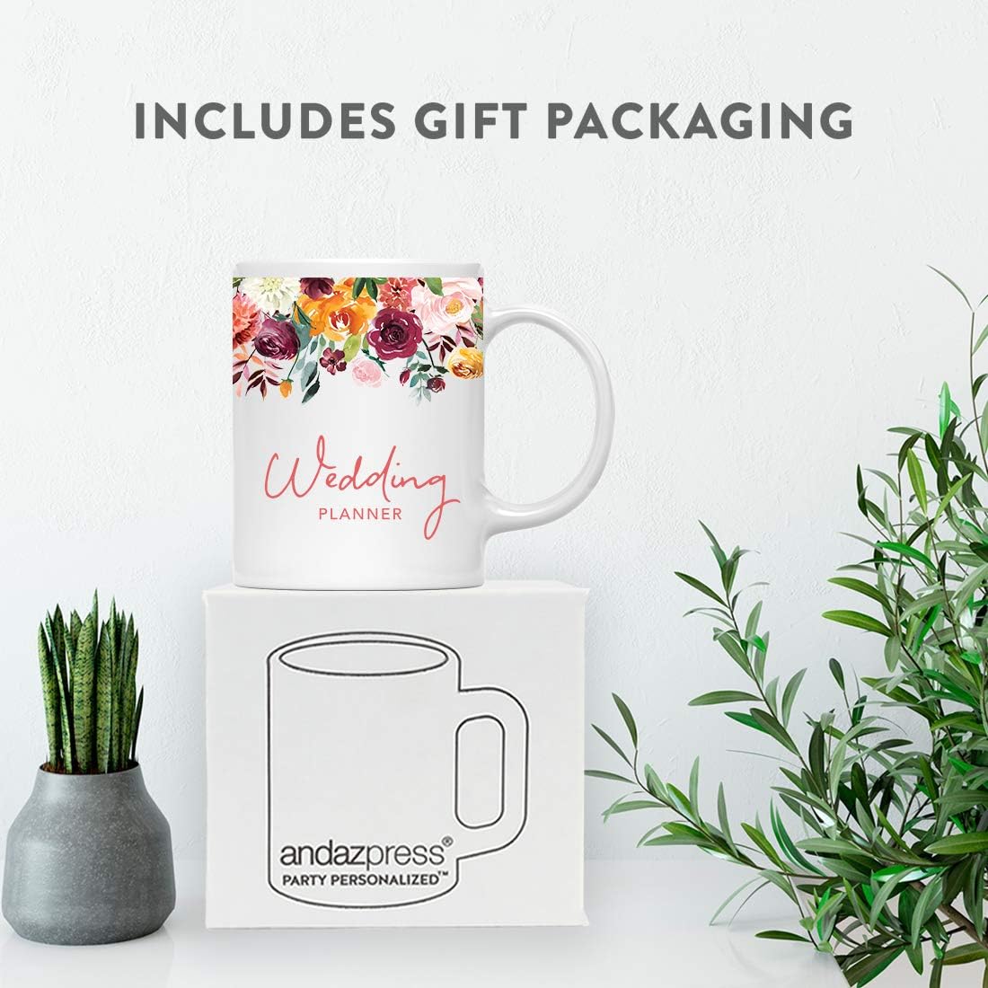 Andaz Press 11oz. Wedding Ceramic Coffee Tea Mug Gift, Fall Autumn Burgundy Orange Peach Flowers Roses Florals, Wedding Planner, 1-Pack, Includes Gift Box