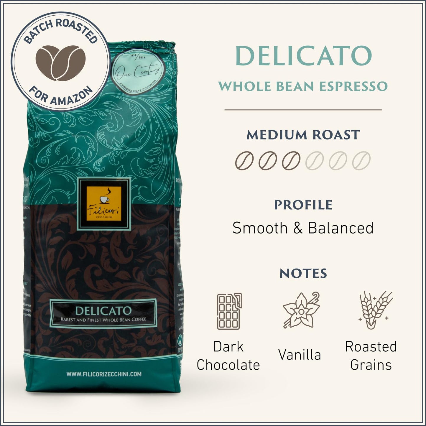 Filicori Zecchini Italian Espresso Beans – Whole Bean Coffee Medium Roast Arabica & Robusta Blend – Low Acidity, Slow Roasted – Delicato 2.2lb Bag