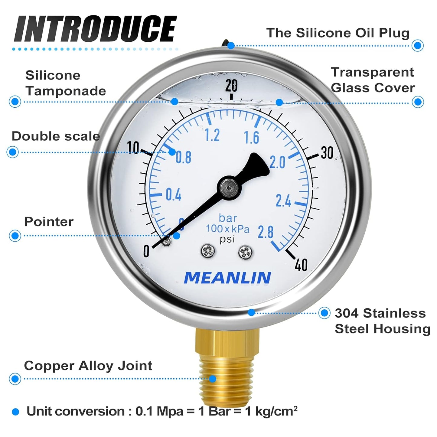 MEANLIN MEASURE 0~40Psi Stainless Steel 1/4" NPT 2.5" FACE DIAL Liquid Filled Pressure Gauge WOG Water Oil Air Lower Mount, with 1/2" NPT and 3/8" NPT Hex Bushing