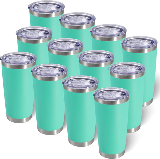 20oz Tumbler Bulk Stainless Steel Tumblers with Lid Vacuum Insulated Double Wall Travel Coffee Mug Powder Coated Tumbler Cup for Hot and Cold Drinks(Light Blue, 12 pack)