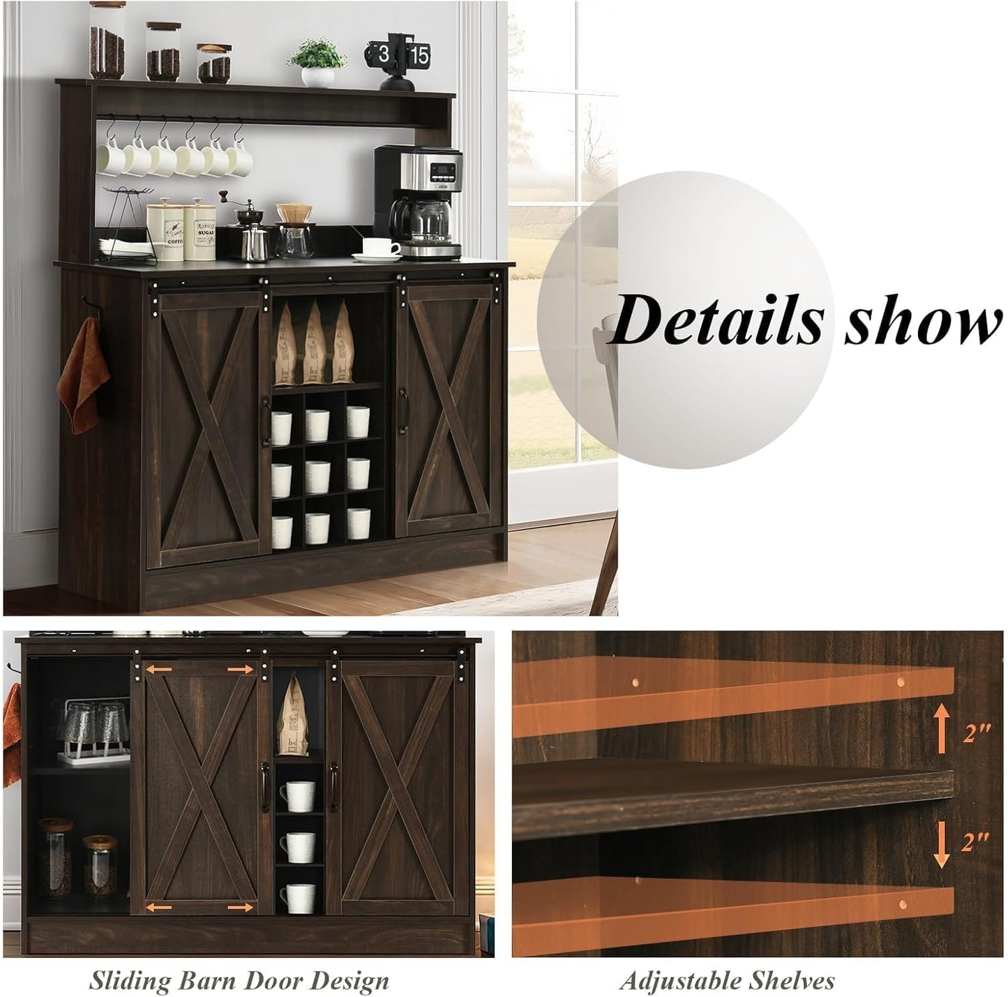 4ever2buy Farmhouse Coffee Bar Cabinet with 6 Hooks, 47 Inch Coffee Bar Hutch with 9 Wine Racks, Buffet Cabinet with Sliding Barn Door, Dark Oak