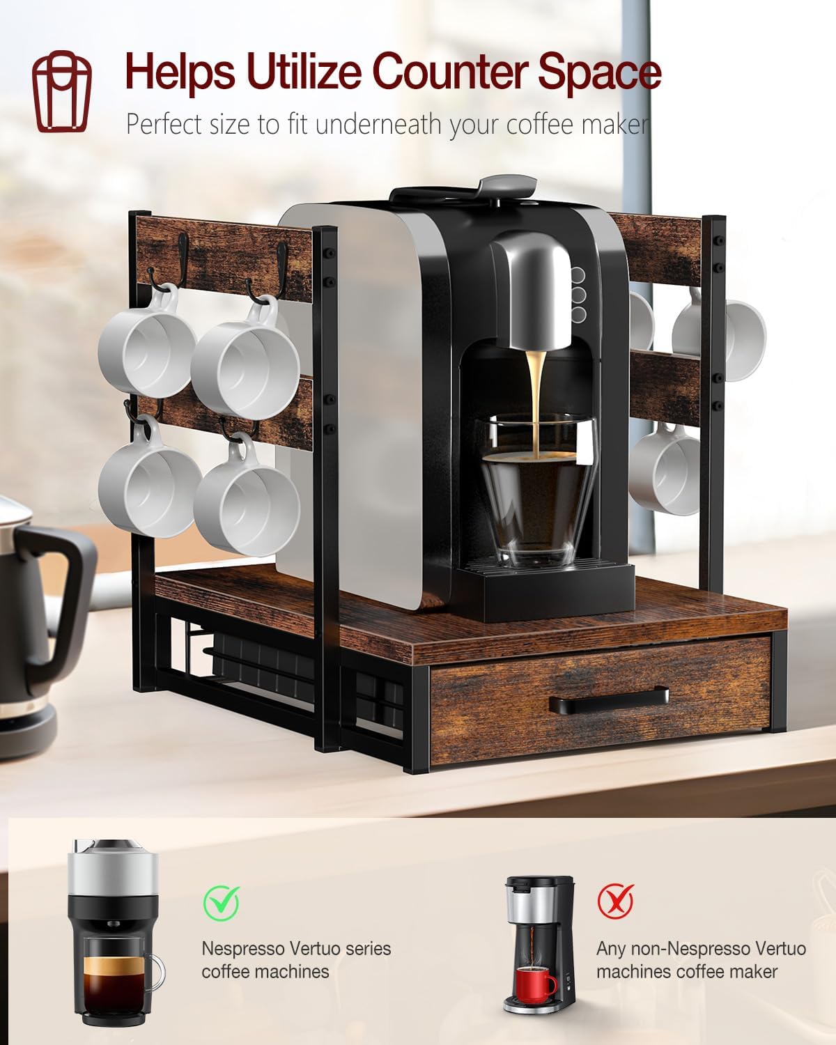 Coffee Pod Holder, Vertuo Pod Holder Compatible with Nespresso, 28 Large or 56 Small Nespresso Capsule Organizer Drawer Station with Cup Rack, Rustic Brown