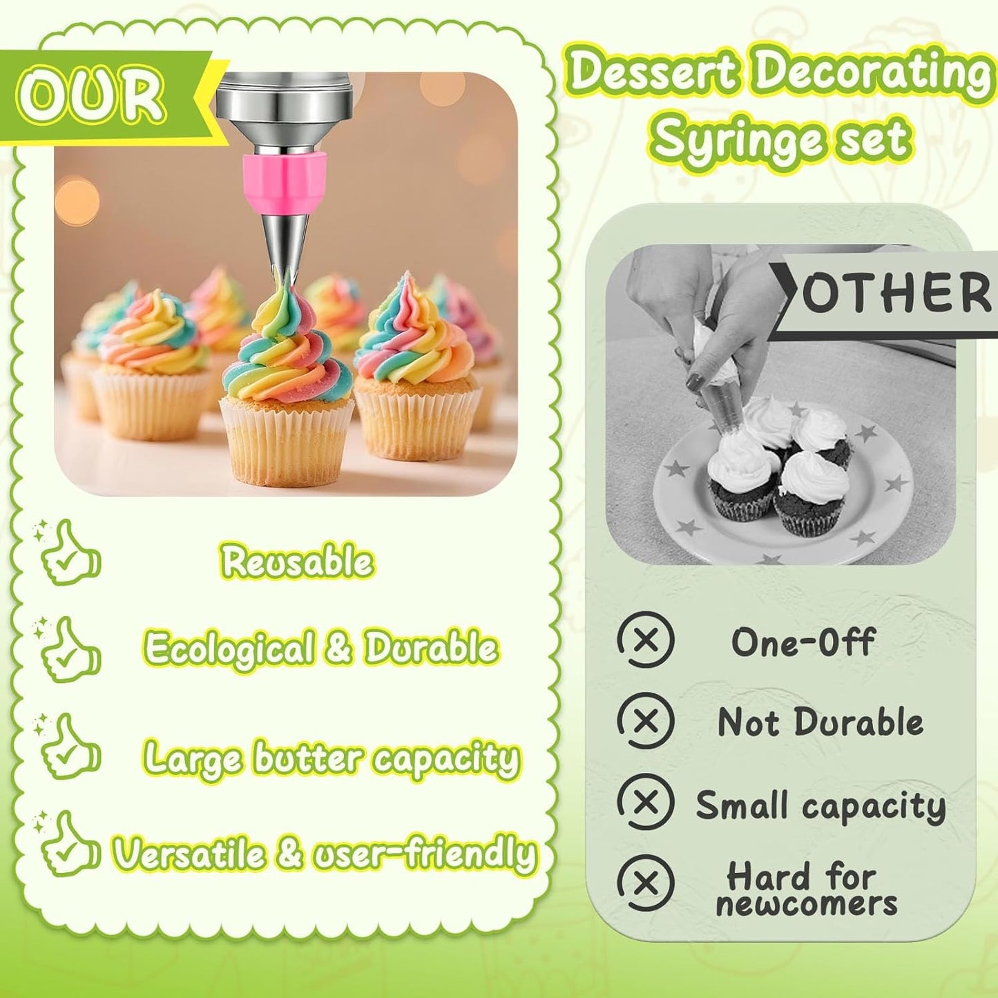 NOVANO Dessert Decorating Syringe Set, Frosting Piping Kit Stainless Steels Cake Decorating Kit with 54 Piping Tips & 9 silicone cupcakes, Cupcake Decorating Kit Piping Bags and Tips Set