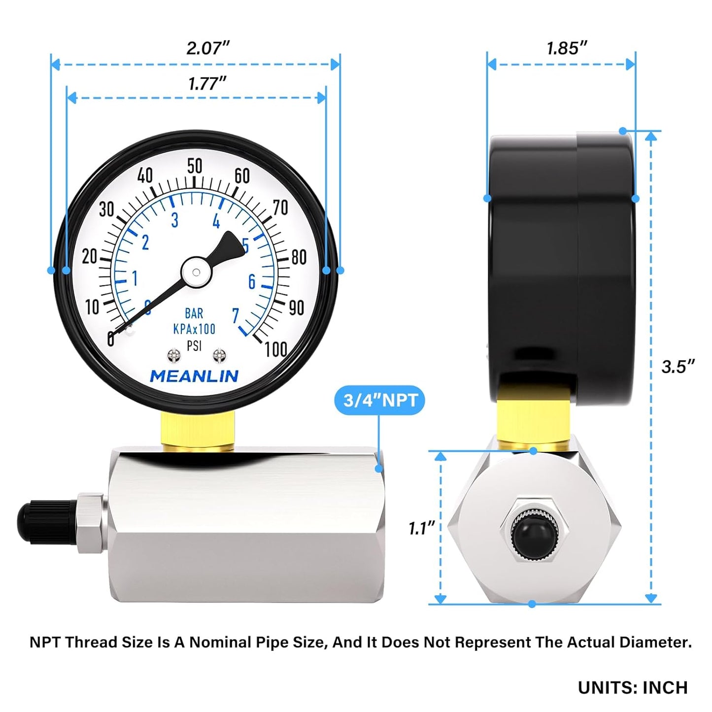 MEANLIN MEASURE 0-100Psi 2" Steel Double Graduated Air Test Pressure gauges, 3/4" FNPT Connection, -3-2-3% Accuracy