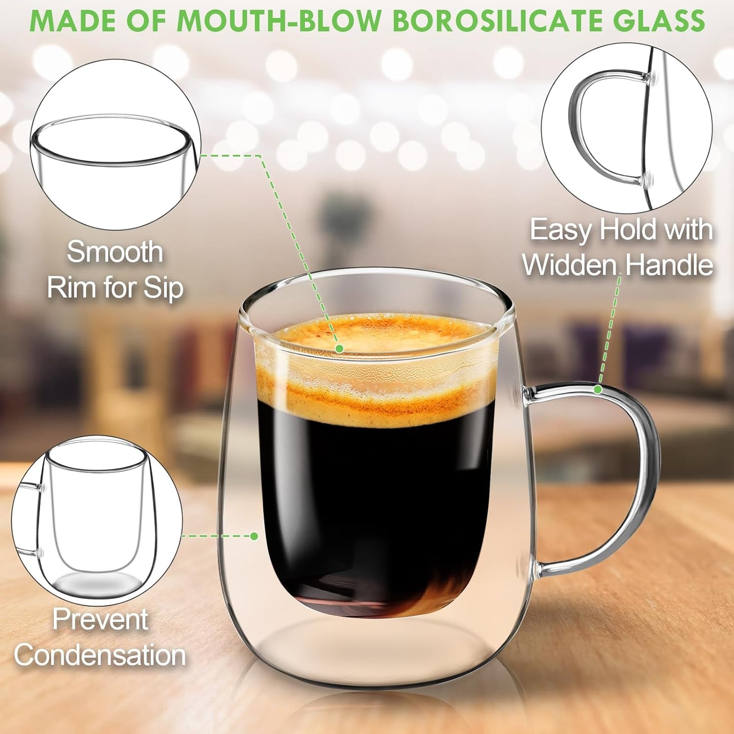 Glass Coffee Cups Set of 2, 13oz Double Walled Glass Mugs with Handles, Clear Insulated Coffee Mug Espresso Cups, Cappuccino Latte Tea Cups Set, Heat Resistant Borosilicate Clear Glasses