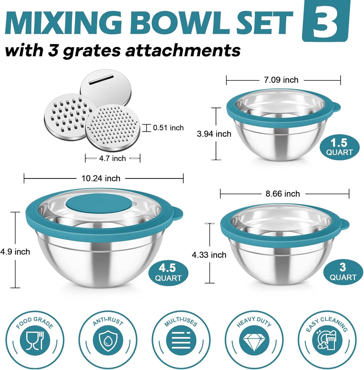 TeamFar Mixing Bowls, 3PCS Stainless Steel Serving Salad Bowls with Lids & 3 Graters, For Kitchen Mixing/Baking/Storing/Prepping, Visible & Airtight, Easy Clean - 4.5/3 / 1.5 QT, Dark Blue
