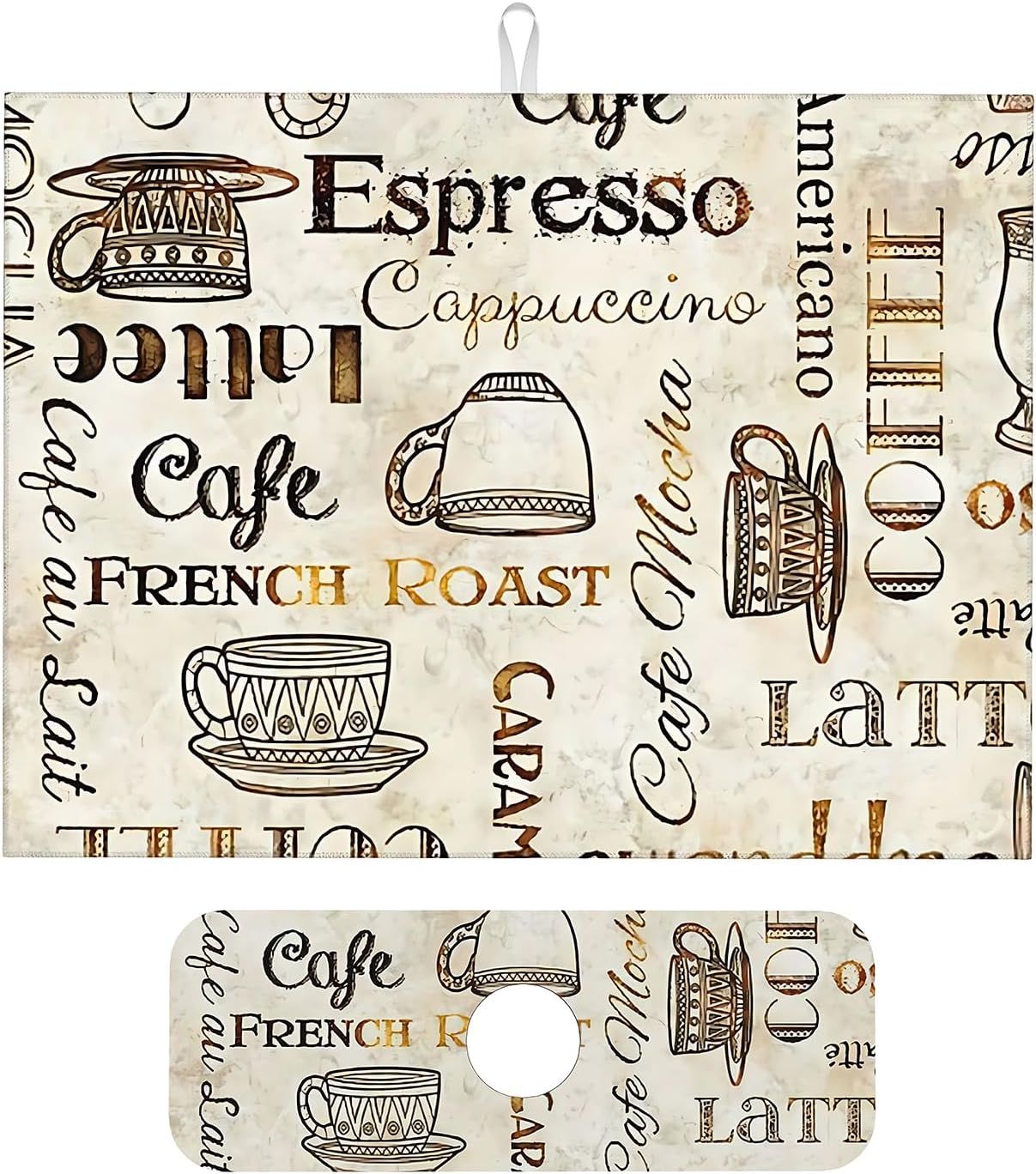 2Pcs Dish Drying Mats Faucet Mats Sets Large Size Coffee Mats Sink Faucet Mat Splash Guard for Kitchen Counter Bathroom Sink Coffee Bar Kitchen Decor (Retro Coffee, 18"x24" 15" x 5.5"Set)