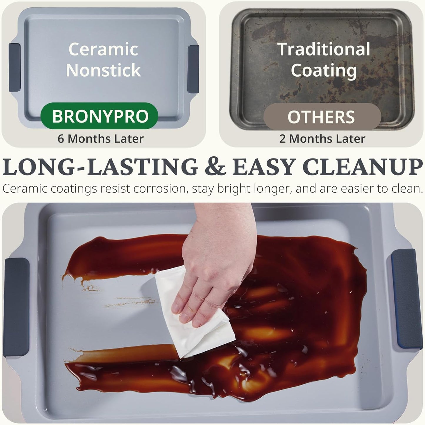 BRONYPRO Non Stick Ceramic Baking Sheet Pan Set of 3, Natural Non Toxic Cookie Sheets for Baking - PFOA, PTFE Free, Aluminized Steel Oven Trays for Cooking with Silicone Handles, Blue Gray