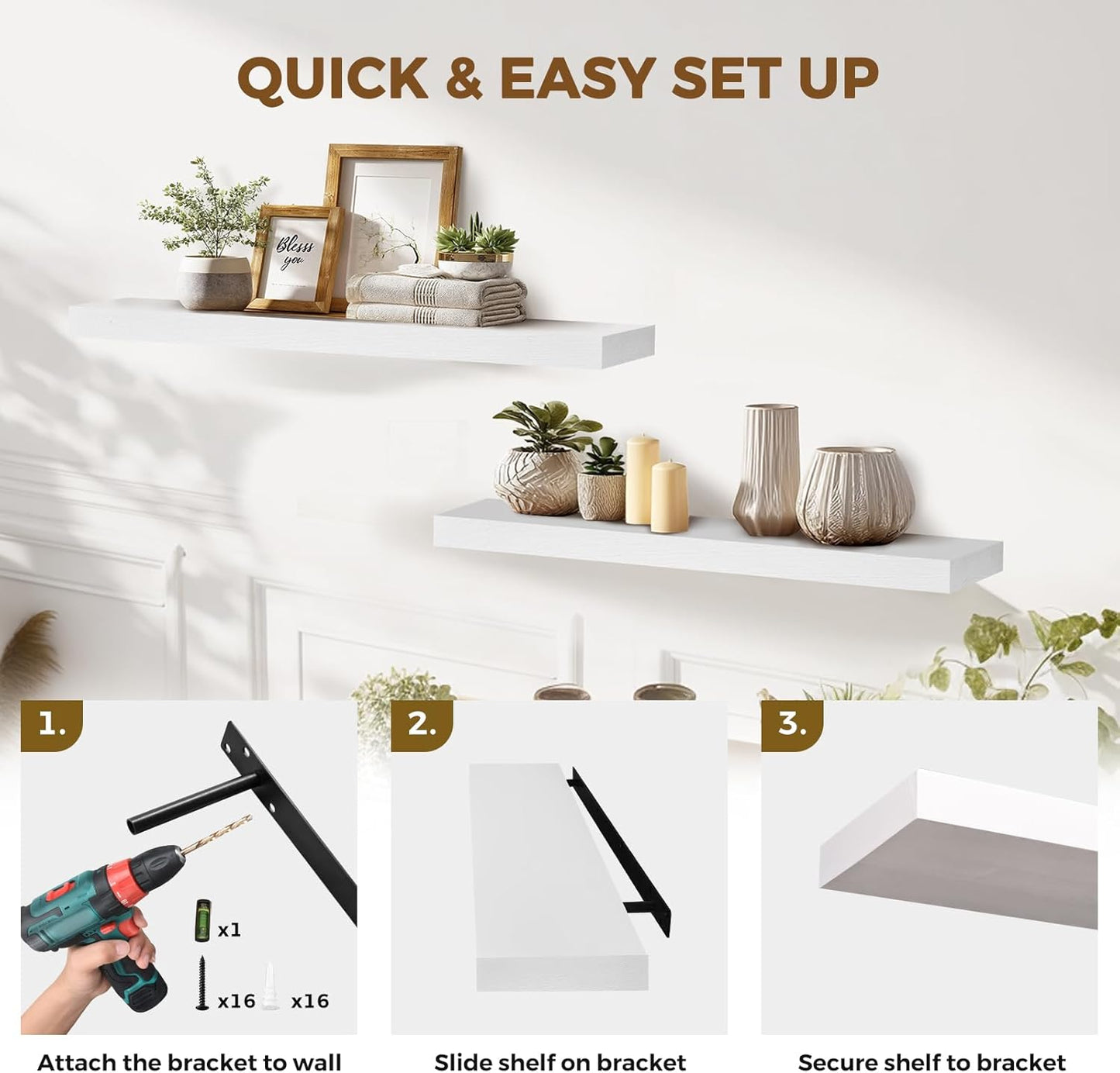 36x8x1.6 inch Floating Shelves Set of 2 – Solid Wood Rustic White Wall Mounted Shelf for Kitchen, Bathroom, Living Room