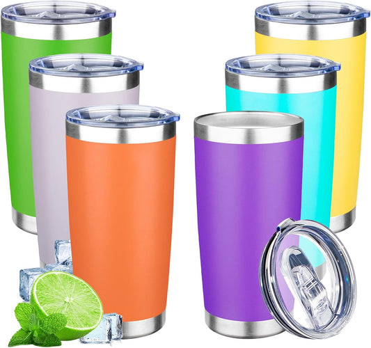 20oz Tumbler with Lid Double Wall Vacuum Insulated Travel Coffee Mug Stainless Steel Thermal Cup Powder Coated Sturdy Coffee Tumbler Bulk for Hot and Cold Beverages (Multicolor-1,6)
