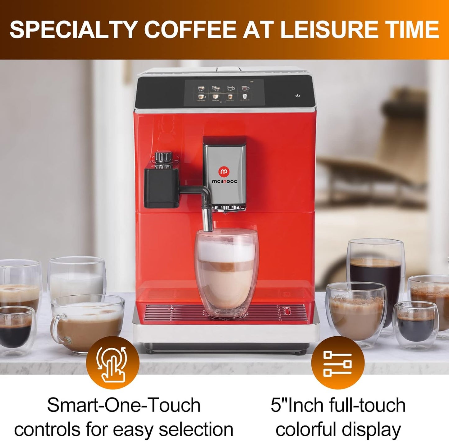 Mcilpoog Super Automatic Espresso Coffee Machine,Fully Automatic Espresso Machine With Grinder, Easy To Use Touch Screen Coffee Maker with Milk Frother.16 Coffee Recipes.(WS-203 Red)