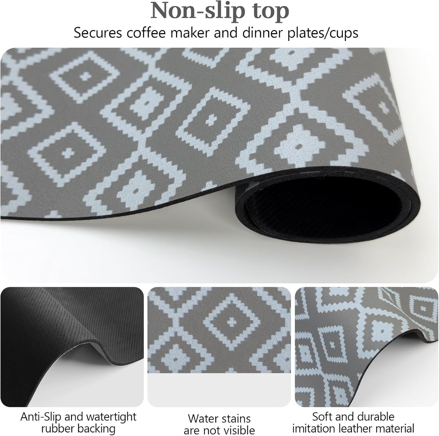 Bloss Dish Drying Mat, 12"x19" Absorbent Coffee Bar Mat with Waterproof Rubber Back, Fit Under Coffee Maker Machine/Kitchen Counter(Gray-White Plaid)