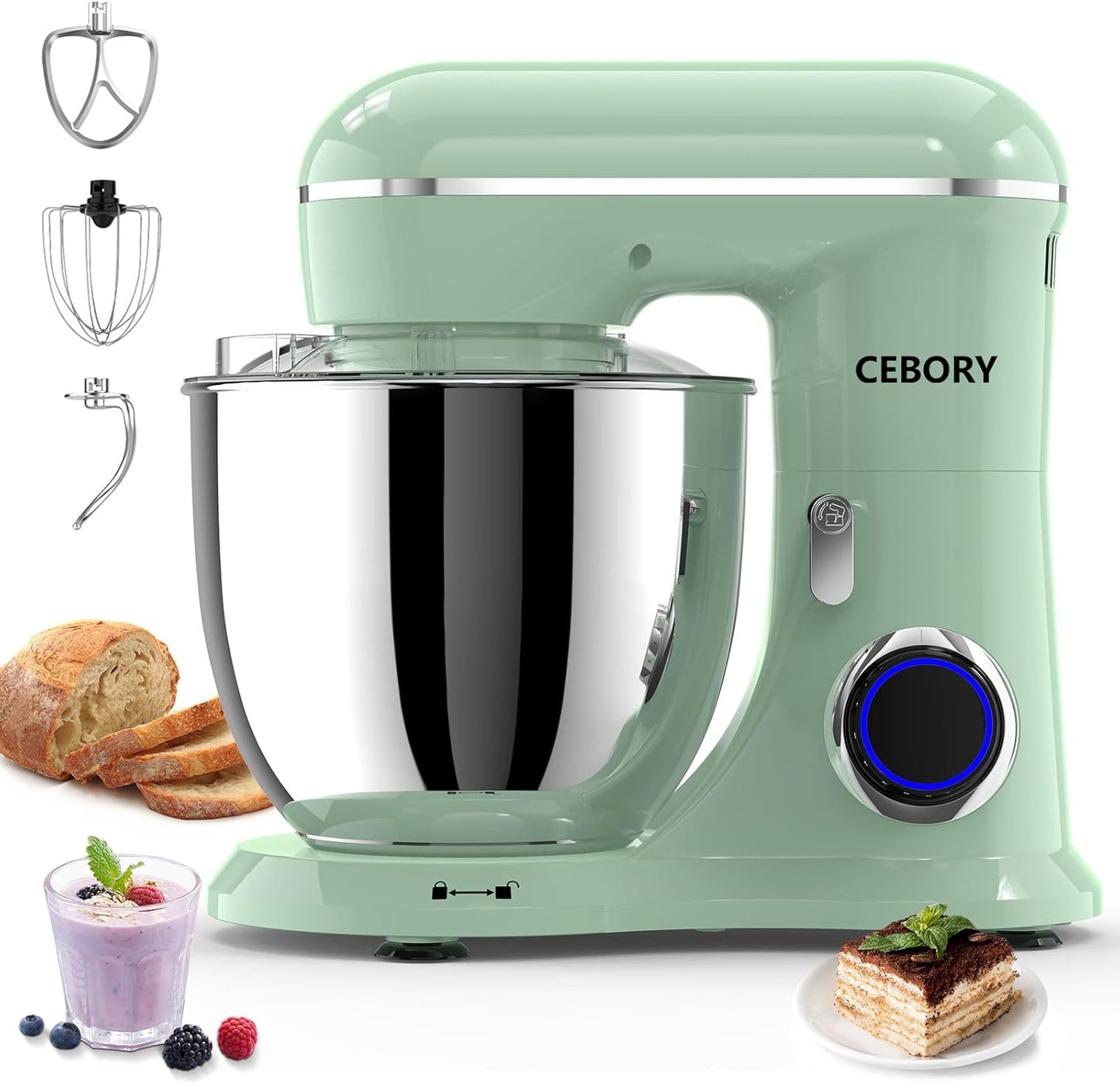 3-IN-1 Electric Stand Mixer, 6.5QT Bowl 660W 10-Speed Kitchen Mixer, Household Food Mixers include Dough Hook, Beater and Whisk, Bread Cake Mixer for Baking and Most Home Cooks, Agave Green