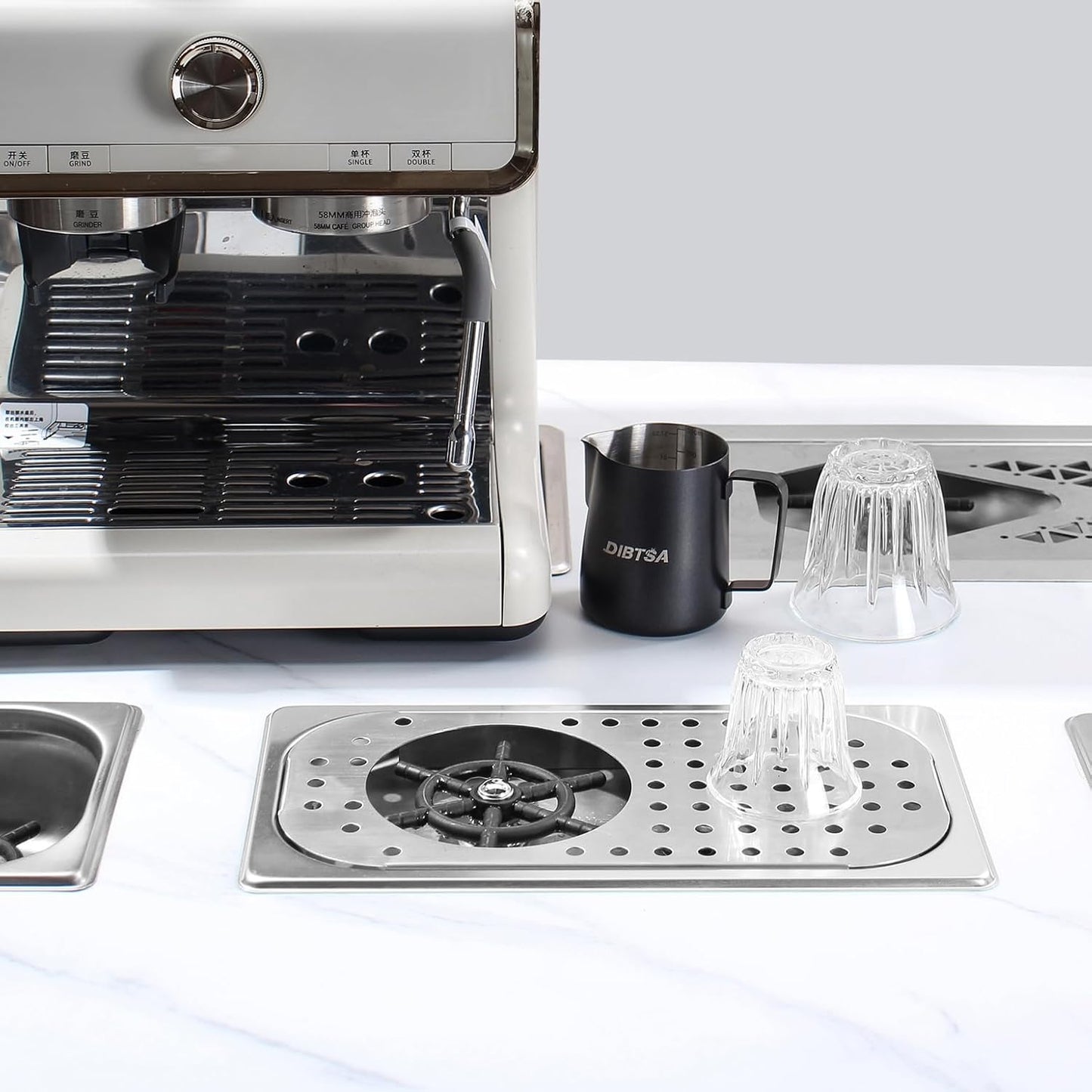 DIBTSA Pitcher Rinser, Espresso Rinser, Drain and Drip Tray, Stainless Steel Bar Glass Rinser for Sink, Cup Washer Spray Rinser for Home Kitchen Hotel Cafe Restaurant (12.8 x 6.9 x 0.9 inch,Silver)