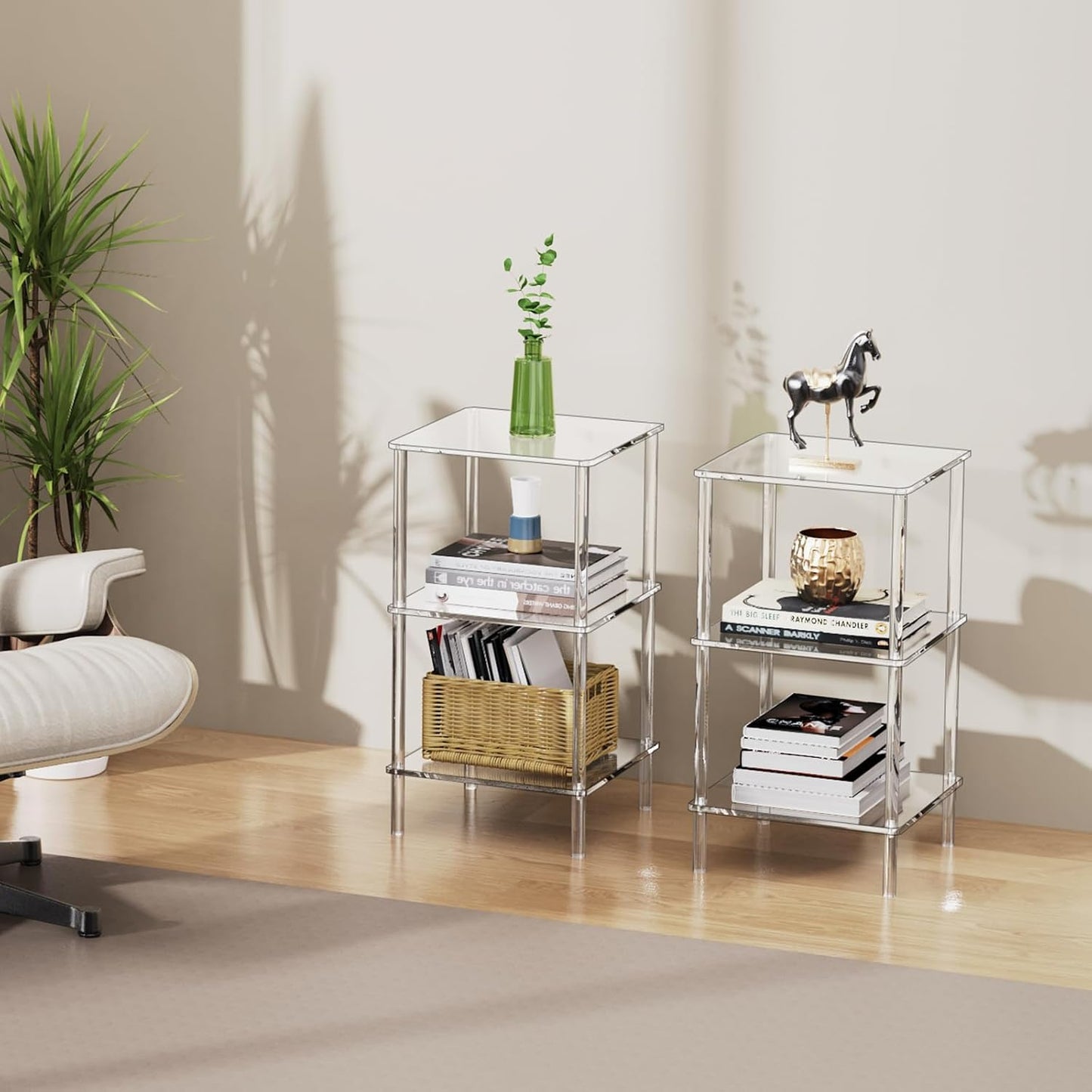 Acrylic Side Table Clear 3-Tier End Table for Living Room, Office, Hallway, Bedroom Small Bedside Table (8mm 13.1'' Wide)