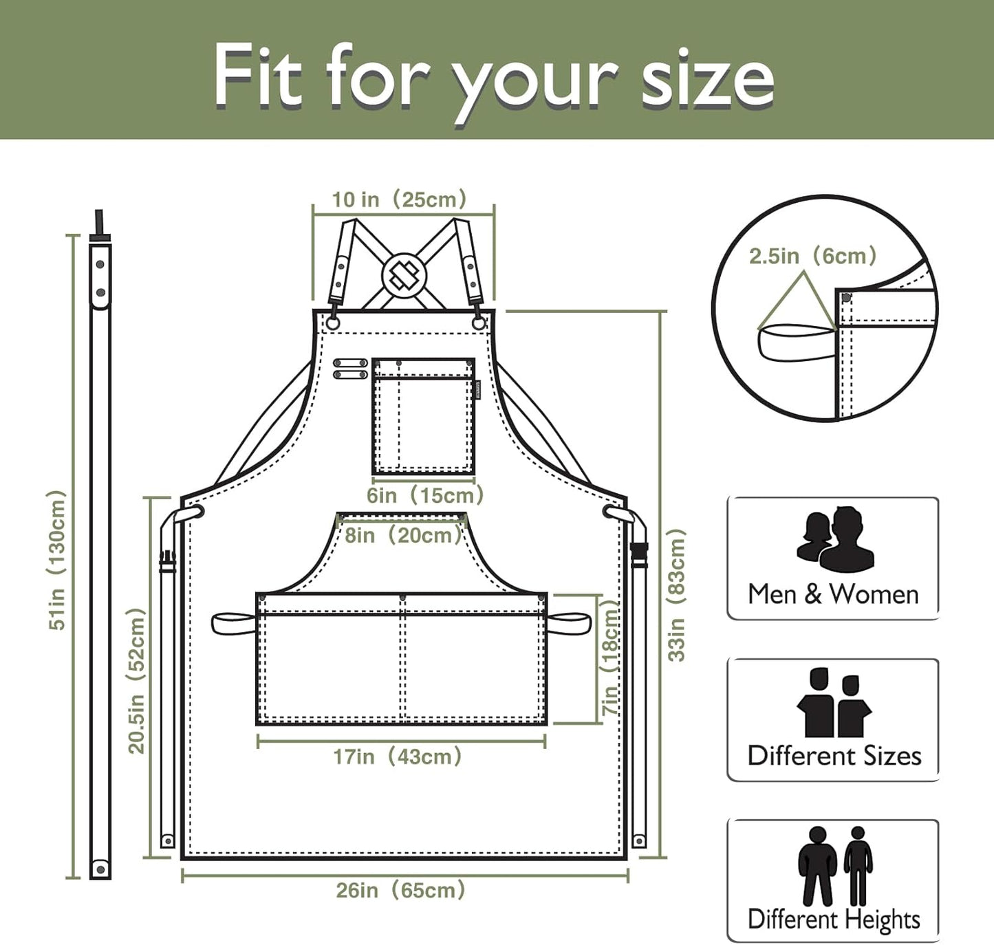 Kitchen Apron, Work Apron, Canvas, Multiple Pockets, Gardening, Painting, BBQ, Artist, Carpenter, Sizes M to XXL, Olive