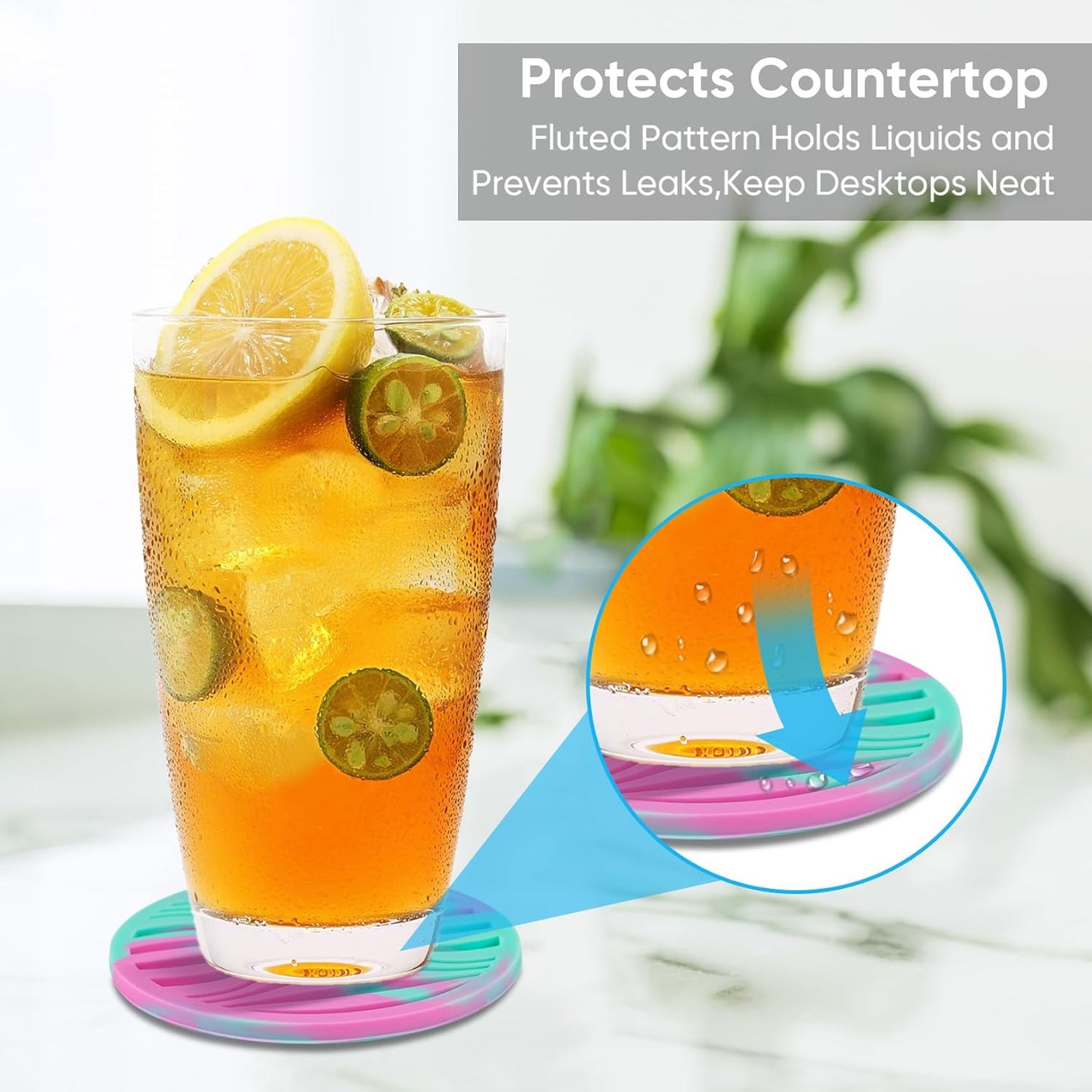 6 Pack Drink Coasters,Plastic Coaster with Holder,Non-Slip Silicone Cup Mat,Rubber Coasters Live for Hot or Cold Drink,Fits Any Size of Cups(Green Pink)