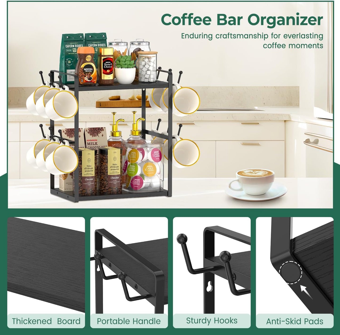 EsLuker.ly 2 Tier Coffee Mug Holder Station Bar Organizer Countertop, Mug Cup Tree Rack for Kitchen Office, Storage Shelf with 12 Hooks, Creat Stylish Coffee Corner, Black