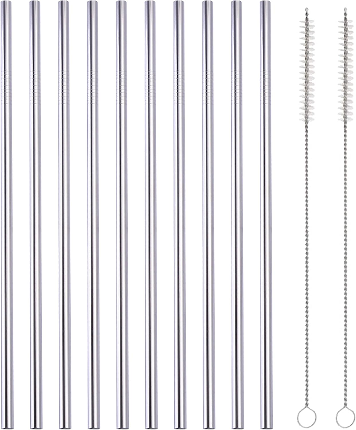 10 Pcs Stainless Steel Straws, Reusable Drinking Straws, Straight Metal Straw Sets with 2 Pcs Cleaning Brushes (8.5 Inch, Silver)
