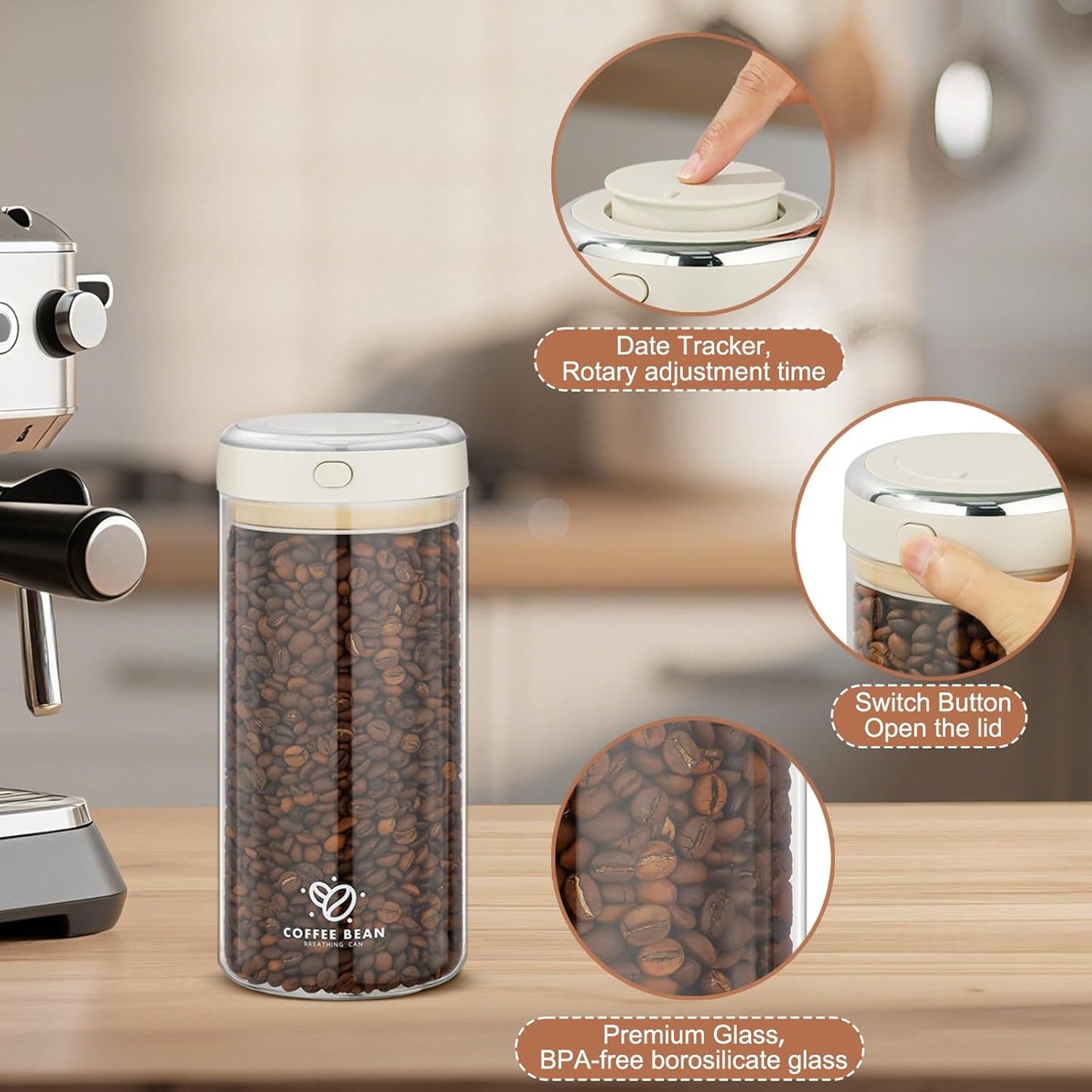 Glass Coffee Storage Canister, 57oz Airtight Coffee Bean Container with One-way CO2 Valve, Seal Locking Lid, and Date Tracker - Premium Glass Canister for Fresh Beans