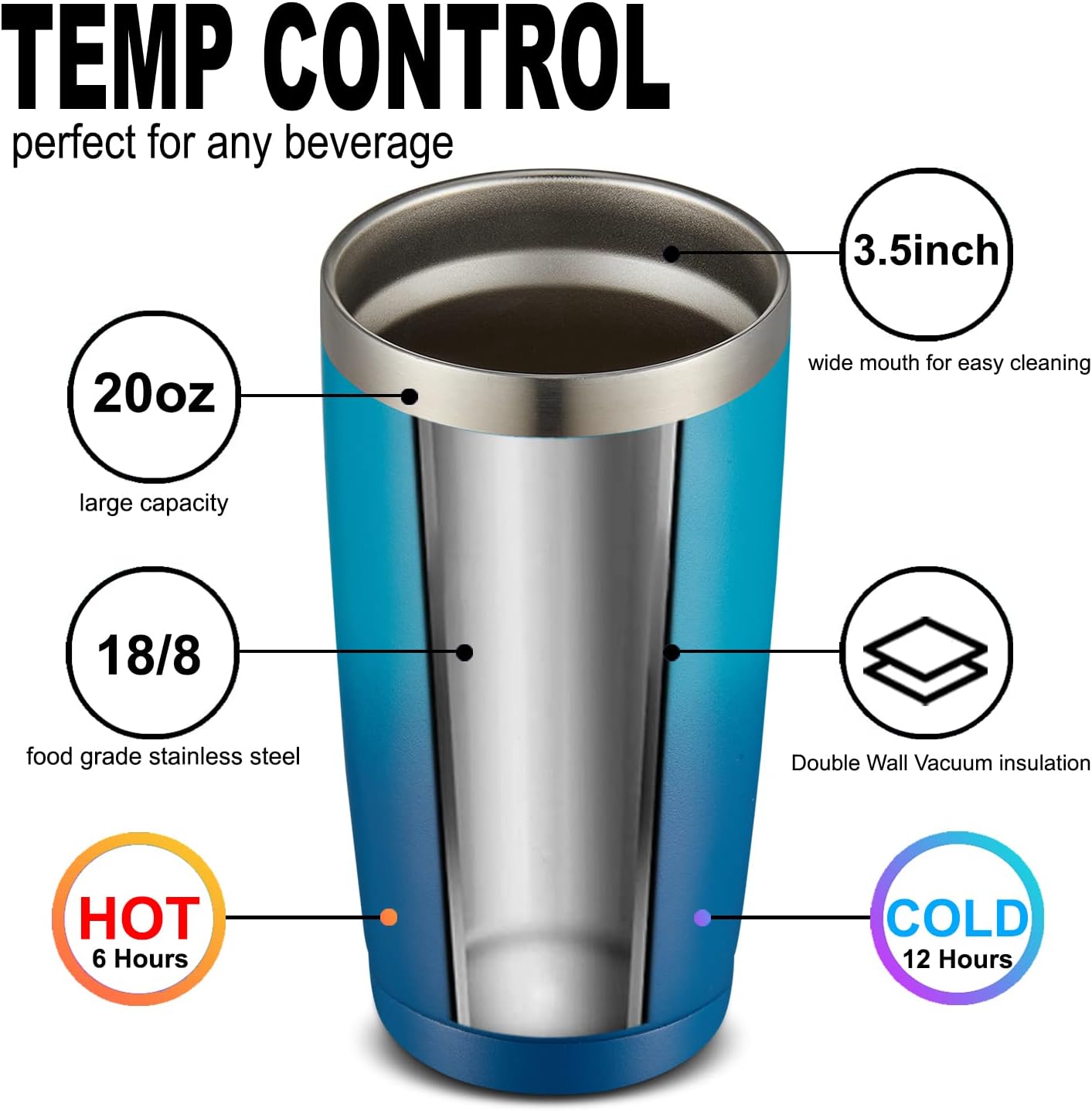 COMOOO 20oz Tumbler with Straw Stainless Steel Insulated Coffee Tumbler Cups Double Wall Vacuum Travel Coffee Mug with Splash Proof Sliding Lid for Hot Cold Drinks (Dark Night, 8 Pack)