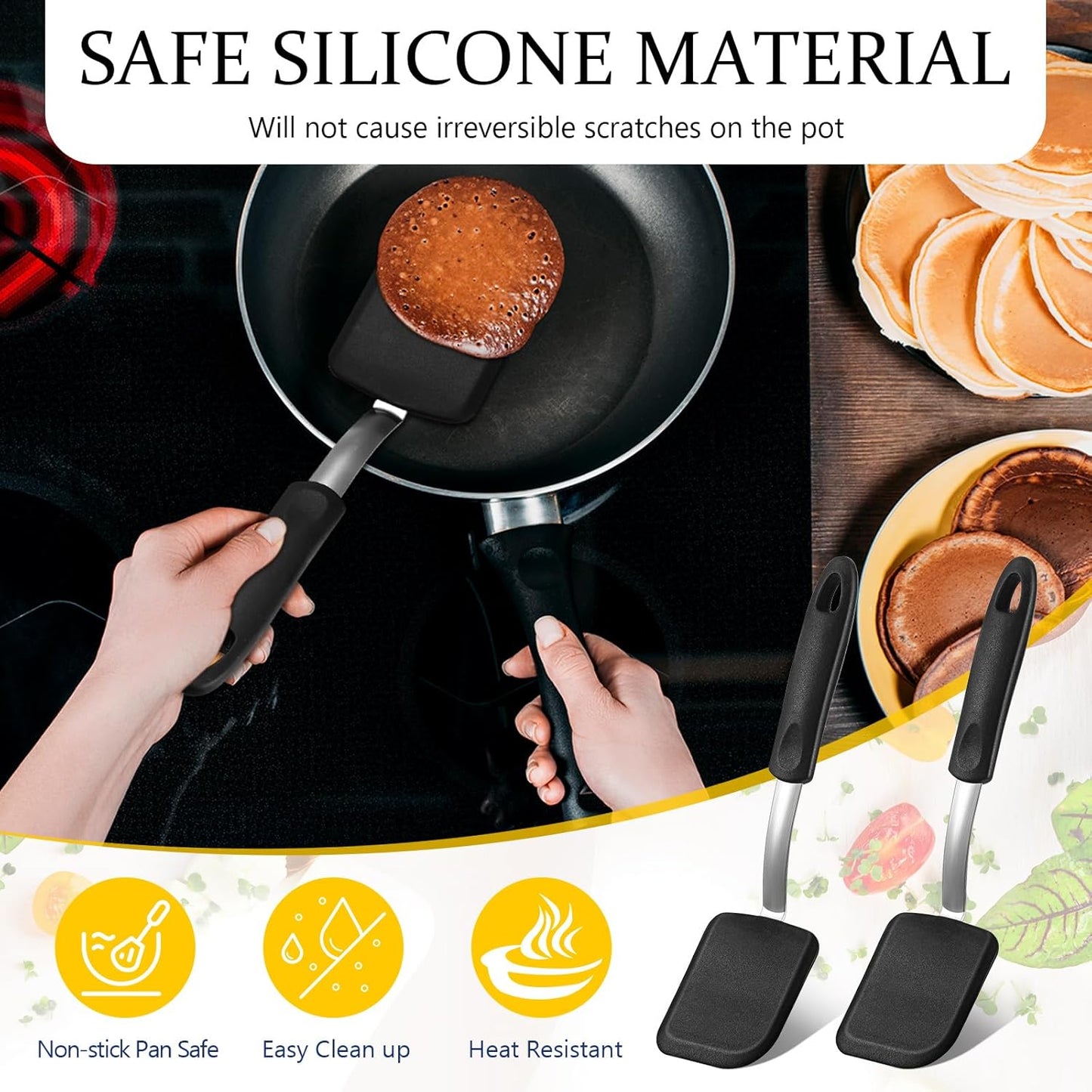 Silicone Cookie Spatula Turner 2 Pack Mini Brownie Spatula Flexible Kitchen Small Silicone Turner for Nonstick Cookware Heat Resistant No Scratch Flipper for Egg Pancake(Black)