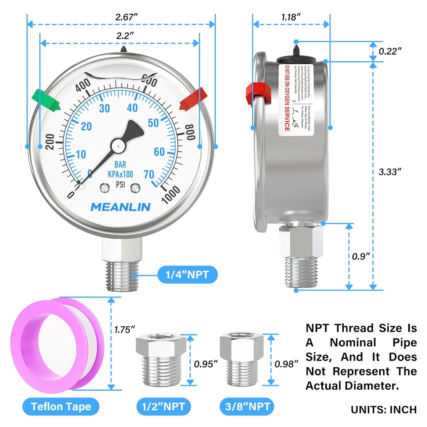 MEANLIN MEASURE 0~1000Psi Stainless Steel Liquid Filled Pressure Gauge 2.5" FACE DIAL 1/4" NPT for WOG Water Oil Air Lower Mount with Stainless Steel Hex Bushing and Snaps