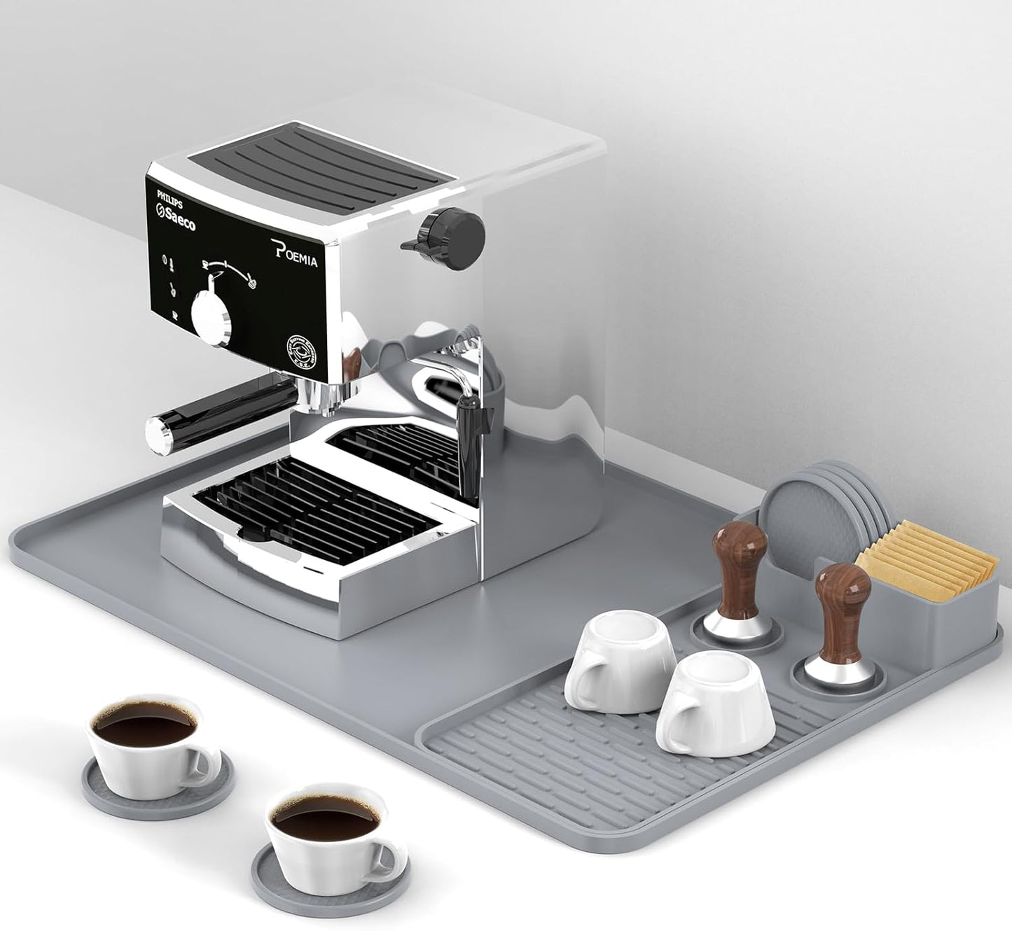 Silicone Coffee Mat with 6PCS Coasters,24''x16'' Kitchen Bar Accessories Fits Under Coffee Maker and Pot,Espresso Machine,Detachable Dish Drying Mat for Tamper,Sugar Packets,Cups,Countertop Protection